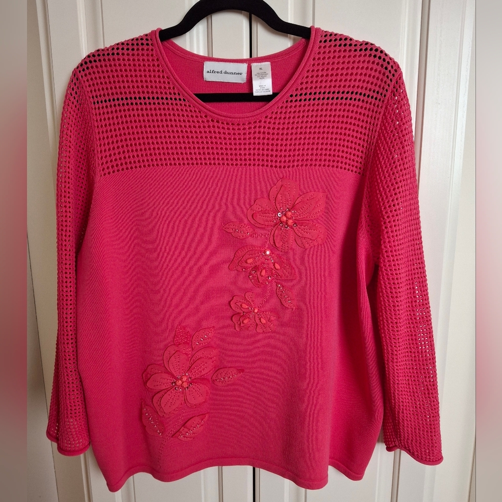 alfred dunner Hot Pink Floral Mesh Sleeve Sweater